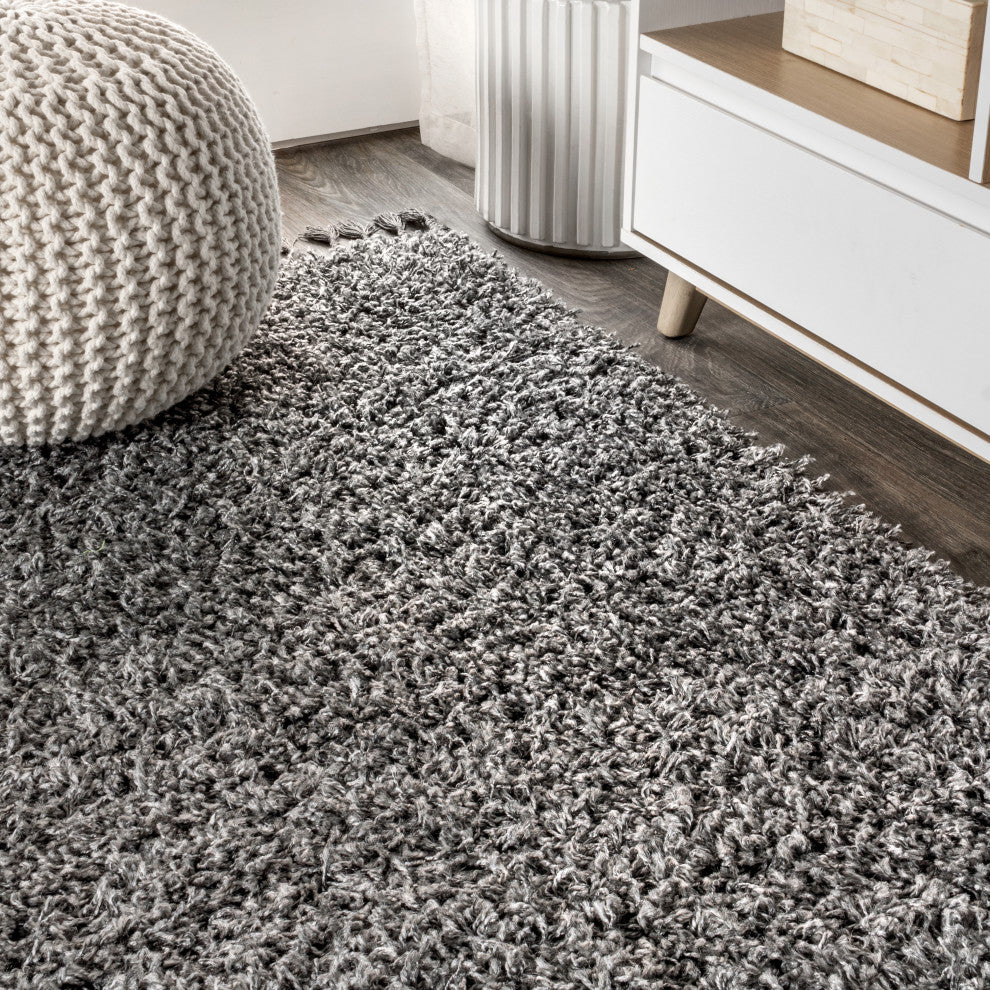Mercer Shag Plush Tassel Area Rug, Charcoal, 2 X 8