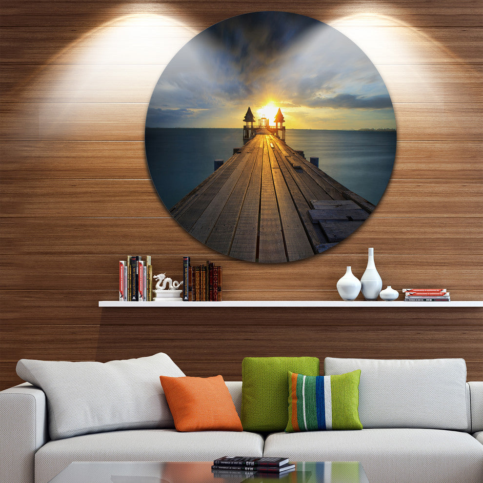 Illuminated Wooden Bridge In Sunlight, Sea Pier Disc Metal Artwork, 11"