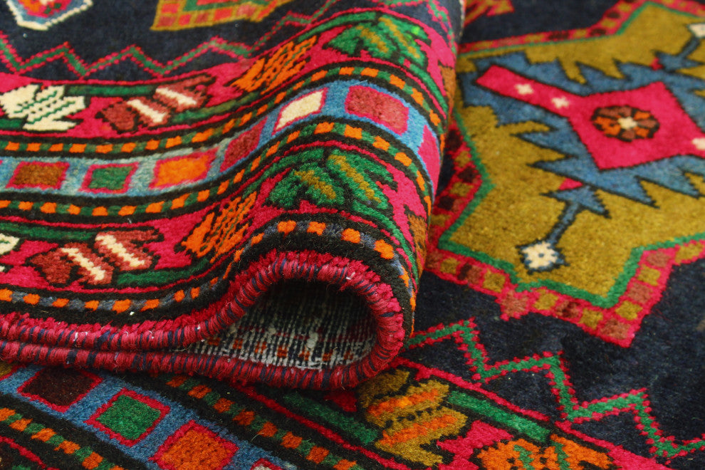 Fine Vintage Distressed Sanem Navy/Red Runner, 3'6 x 13'4