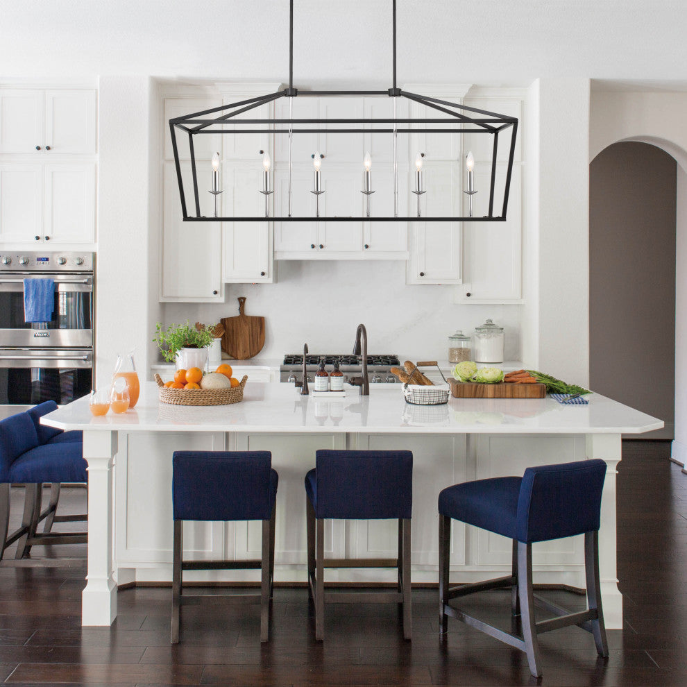 6 Light Kitchen Island Linear Pendant Chandelier, Classic Black+chrome
