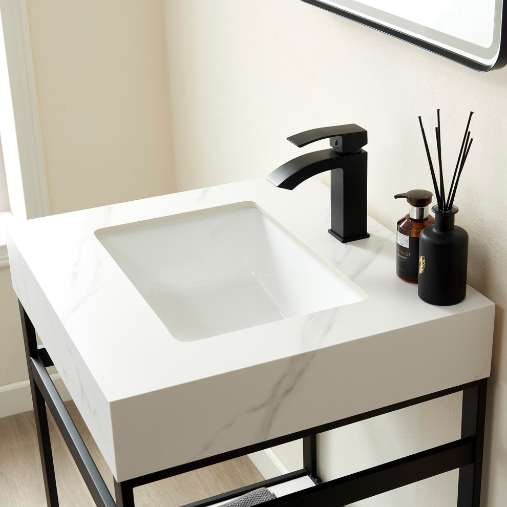 Funes Bath Vanity with Mirror, Matte Black Support, 24'''', White Stone Top