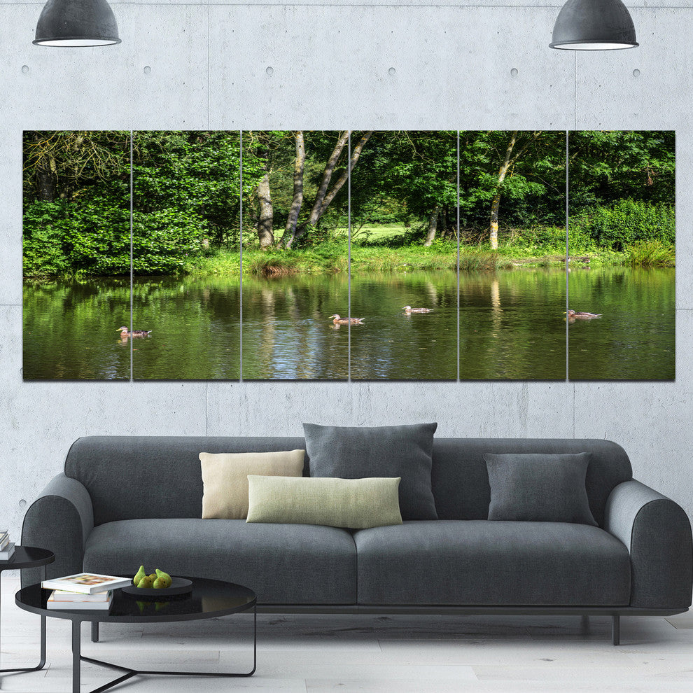 Bushes and Trees in River Bank, Landscape Canvas Art Print, 70"x28", 6 Panels