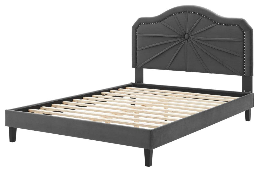 Platform Bed Frame, King Size, Velvet, Dark Gray, Modern Contemporary