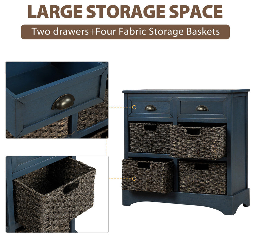 28" Wood 2 Drawers Storage Cabinet with 4 Rattan Basket, Antique Navy, 28" Tall