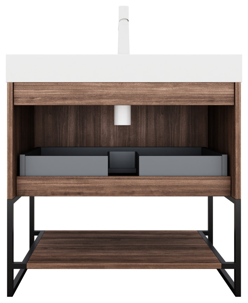 Plywood Freestanding Bathroom Vanity Set with Integrated Acrylic Sink, Walnut, 30in