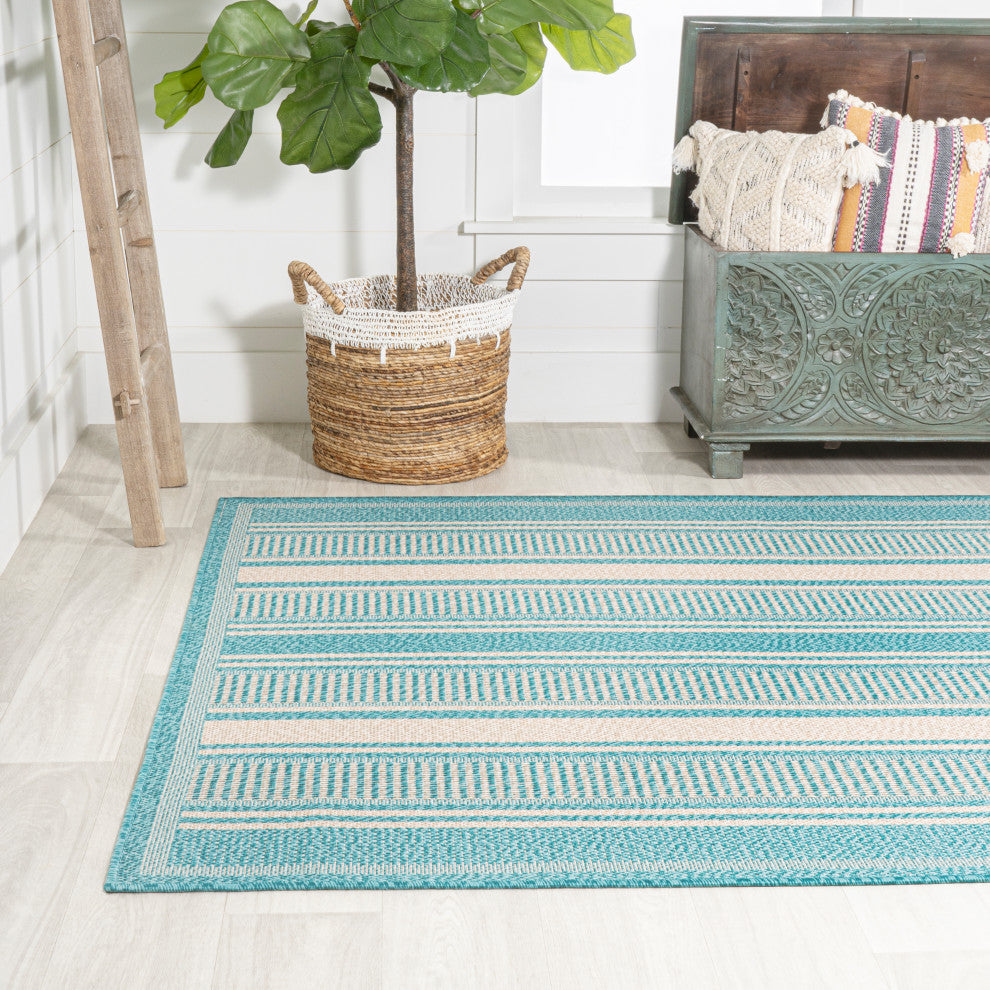 Haynes Modern Double Stripe Indoor/Outdoor Area Rug, Aqua/Beige, 8x10