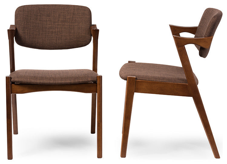 Elegant Dark Walnut Wood Brown Fabric Upholstered Dining Armchair, Set of 2