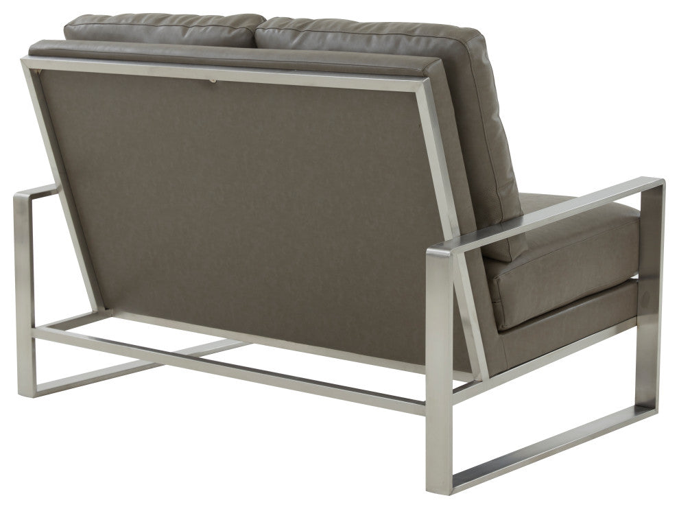 LeisureMod Jefferson Modern Faux Leather Loveseat With Silver Frame, Gray