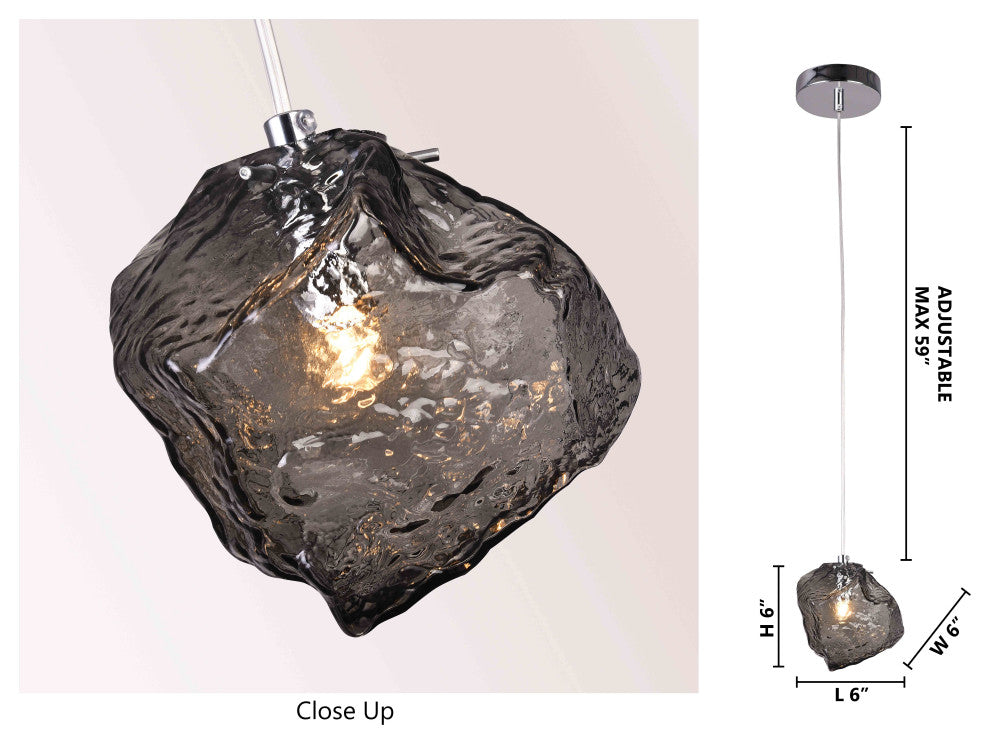 Distorted Glass Single Pendant Light Fixture, Smoke