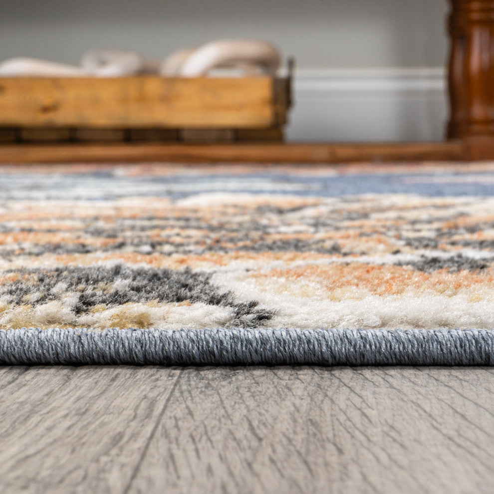 Giglio Modern Botanical Flower Area Rug, Blue/Orange/Cream, 3 X 5