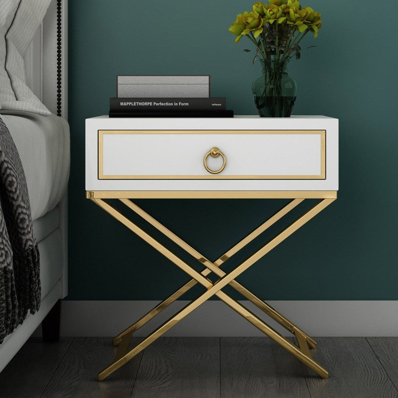 White Nightstand with Drawer Bedside Table with X-Shaped Stainless Steel Base, White