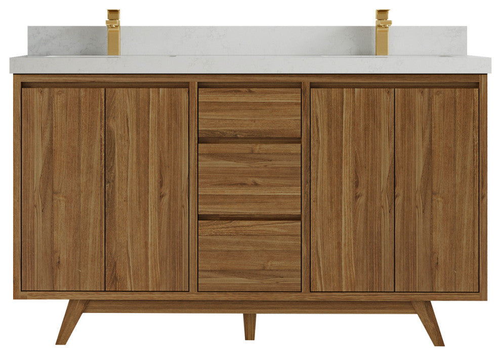 Madison Teak 60 Double Bathroom Vanity in Dark Natural 2" Carrara Quartz