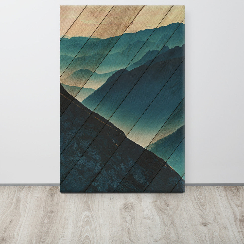 Faux Wood Misty Blue Silhouette Mountains Landscape Canvas Art Print, 24" X 36"