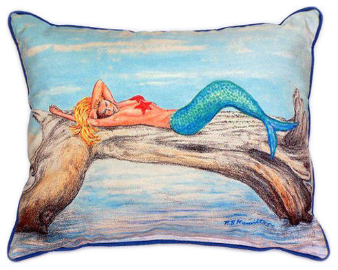 Pair of Betsy Drake Mermaid on Log Large Indoor/Outdoor Pillows 16x20