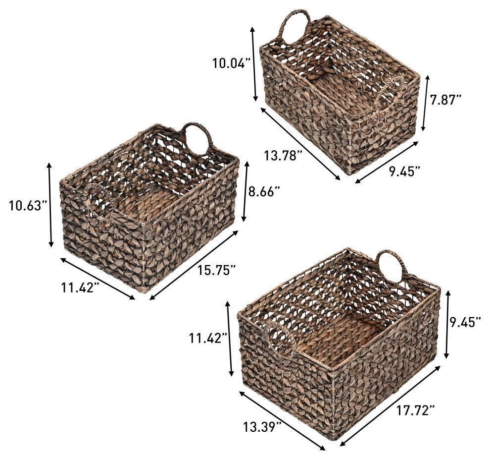 Quinn Cottage Woven Hyacinth Rectangular Storage Baskets With Handles, Set of 3