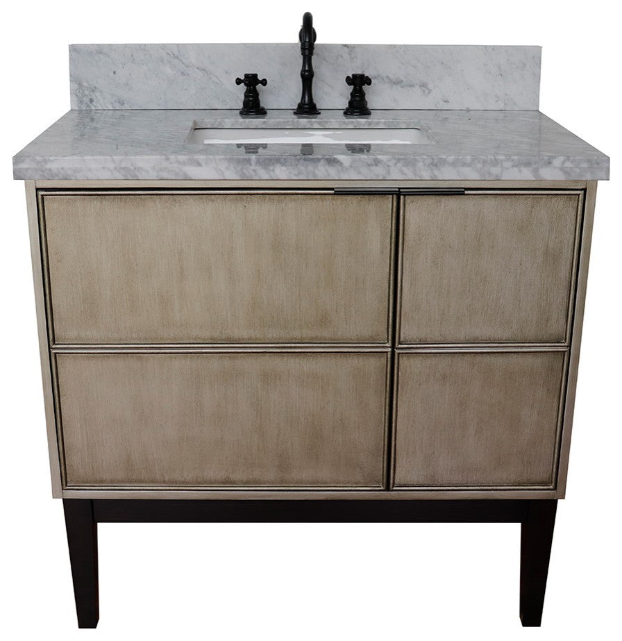 37" Single Vanity, Linen Brown Finish With White Carrara Top