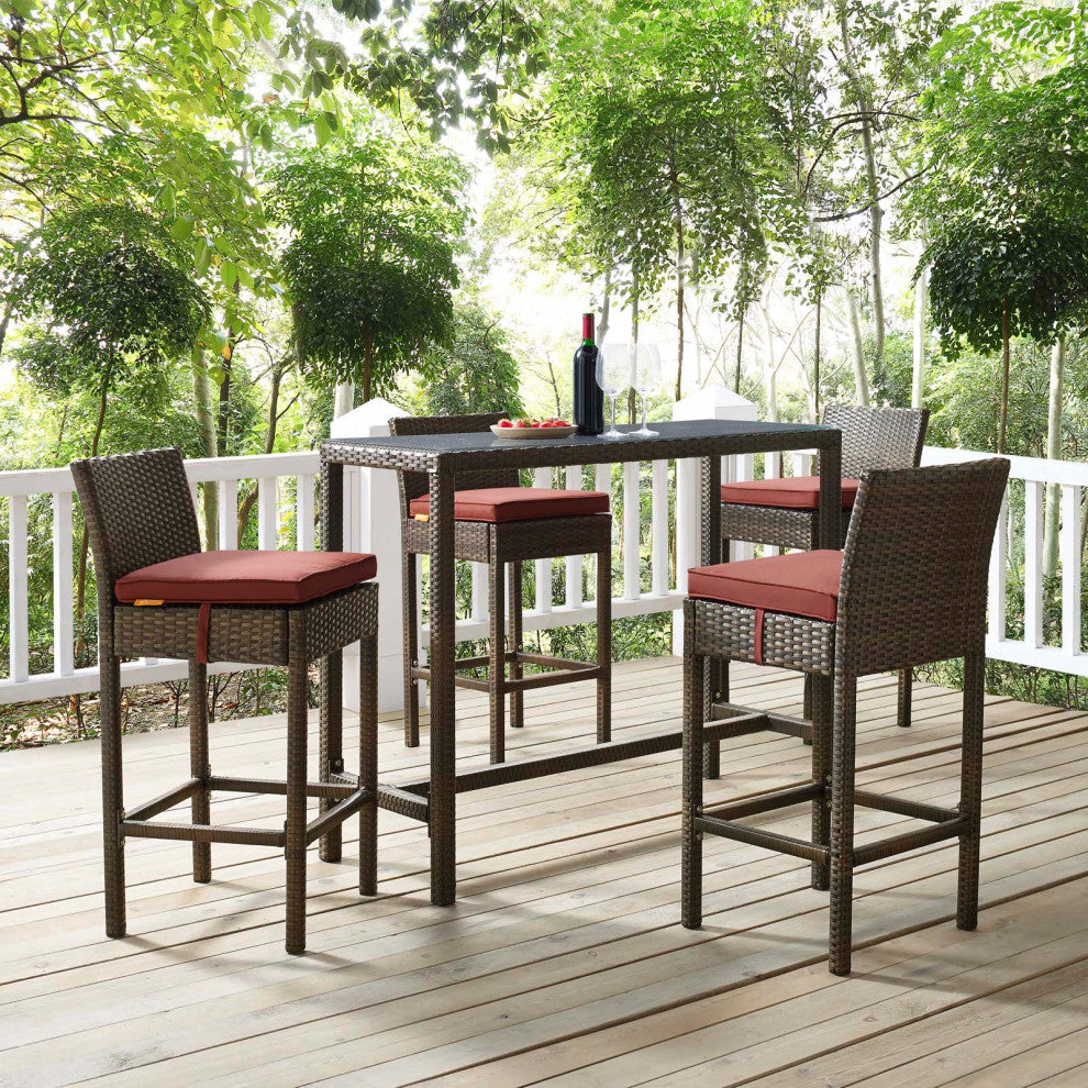 Modern Outdoor Patio Bar Stool Chair, Set of Four, Fabric Rattan, Brown Red