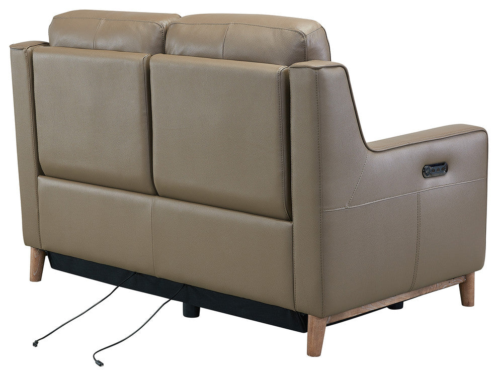 Wisteria Loveseat In Light Brown Wood Finish And Taupe Genuine Leather
