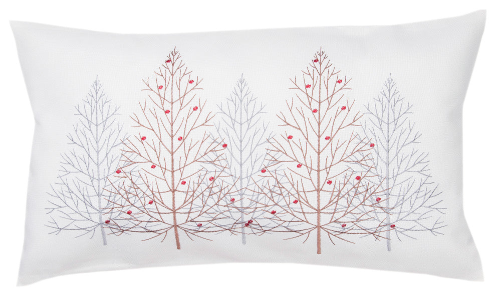 Festive Trees Embroidered Christmas Pillow, 12"x20", White