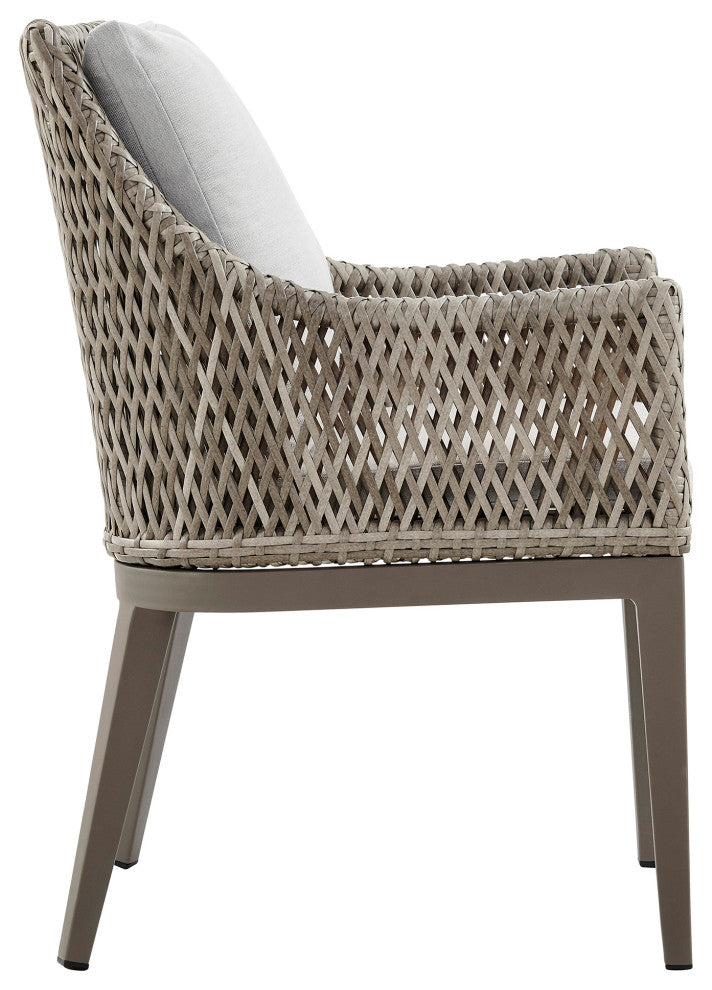 Silvana Outdoor Wicker Metal Gray Dining Chair With Beige Cushions, Set of 2