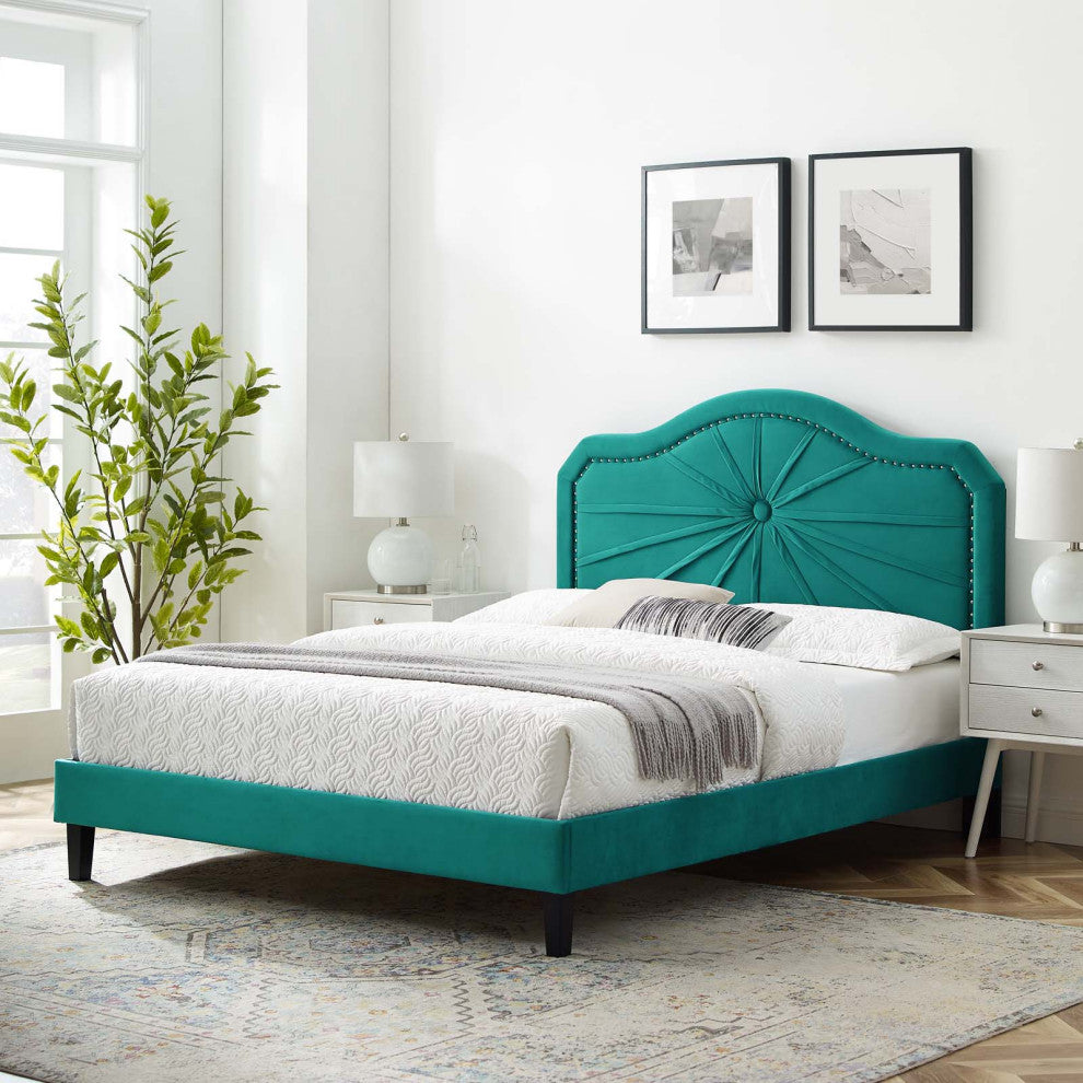 Platform Bed Frame, King Size, Velvet, Teal Blue, Modern Contemporary, Bedroom