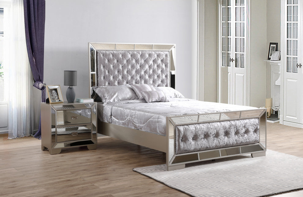 Galera Tufted and Mirrored Bed, Gray, Full