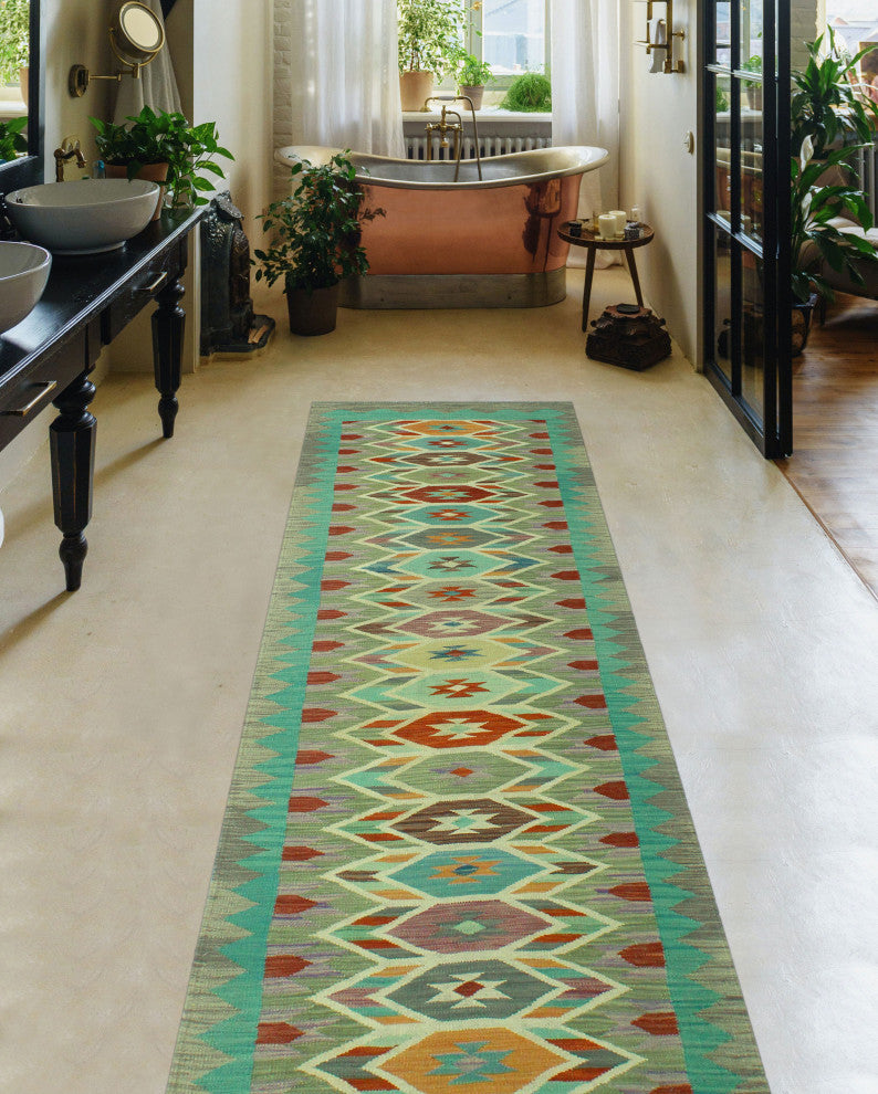 Sangat Kilim Barrah Light Green/Gray Runner, 2'9x9'7