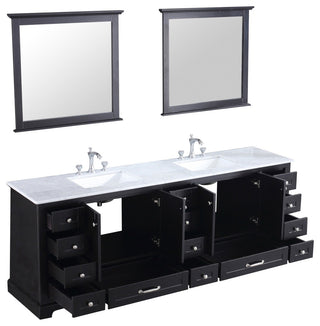 84" Double Vanity, Carrara Marble Top, Square Sinks and 34" Mirrors With Faucets