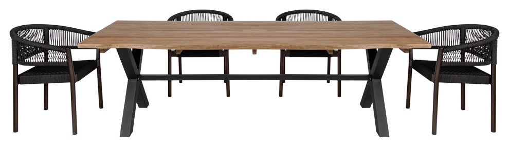 Glendora Doris Outdoor Patio Live Edge Dining Set, Wood  Black Rope, 5-Piece Set