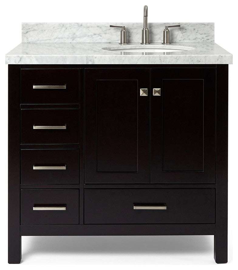 Cambridge 37" Bath Vanity With Marble Top, Carrara White/White Basin