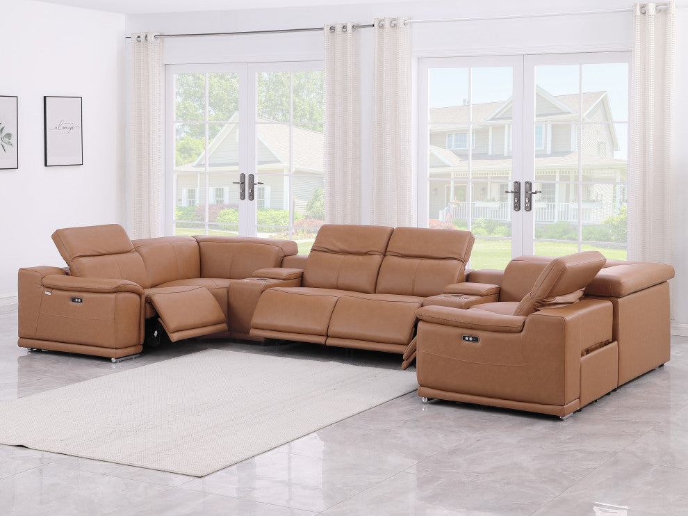 Federico 8-Piece Top Grain Italian Leather U Sectional-4 Power Recliners, Cognac