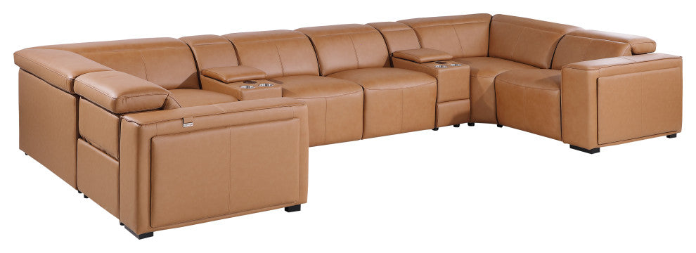 Niccolo Italian Leather 8-Piece U-Shaped 4 Power Reclining Sectional, Cognac
