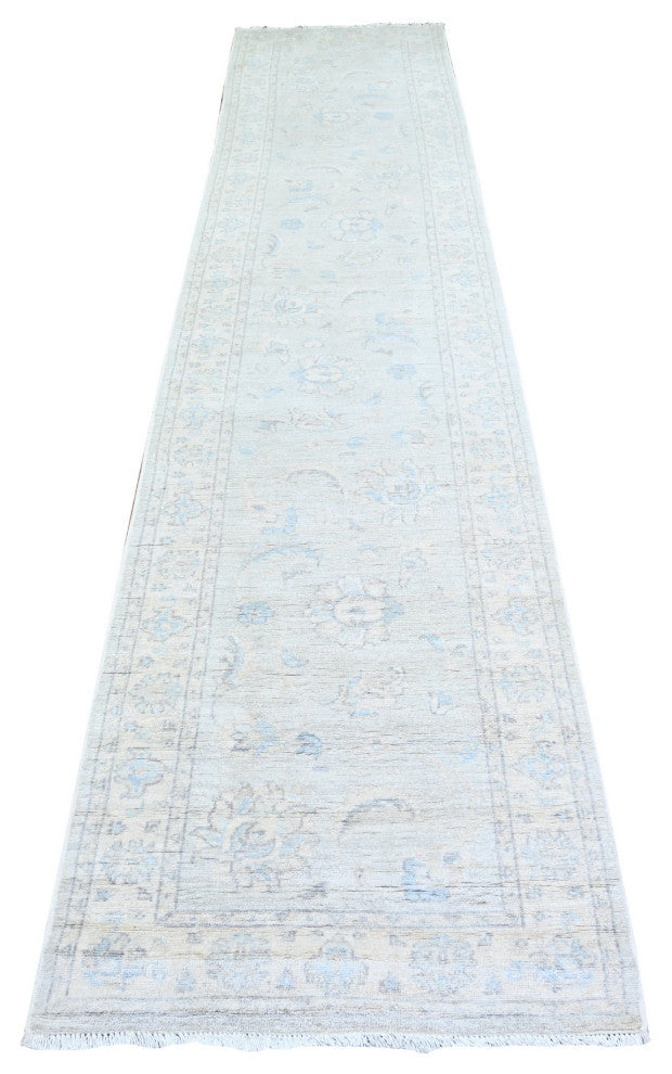 Ice Gray Peshawar Washed Out Faded Wool Hand Knotted Oriental Rug, 2'8"x12'2"