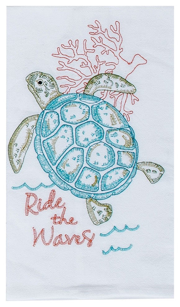 Ride the Waves Sea Turtle in Coral Embroidered Flour Sack Kitchen Dish Towel