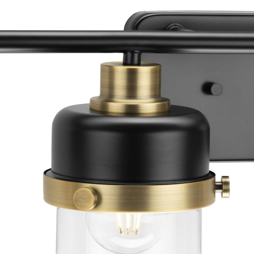 Beckner 4-Light Matte Black Clear Glass Bath Light With Vintage Brass Accents