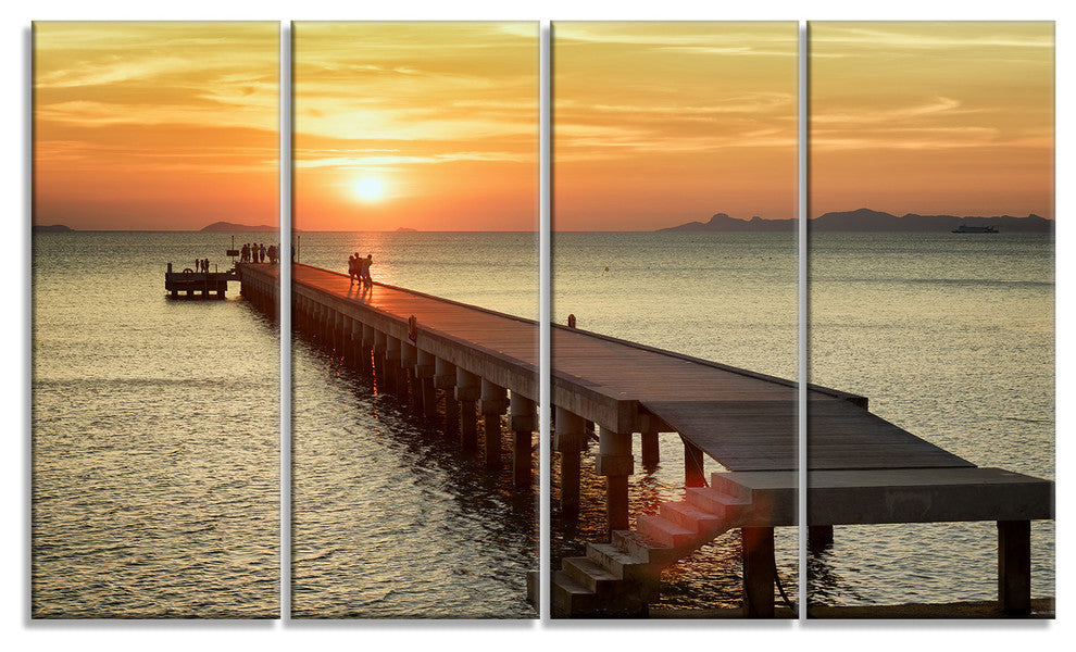 Boat Pier at Sunset, Bridge Canvas Art Print, 48"x28", 4 Panels
