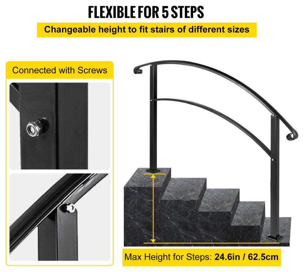 VEVOR Handrails for Outdoor Steps 1 to 3 Steps Stair Railing, Black, 5 Ft