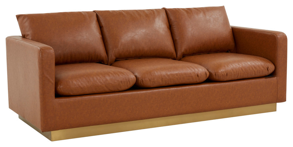 LeisureMod Nervo Modern Leather Sofa With Gold Base, Cognac Tan