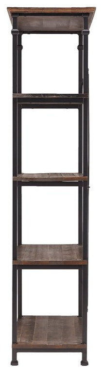 Industrial Bookcase, Metal Frame With Crown Molded Top & X-Support, Dark Brown