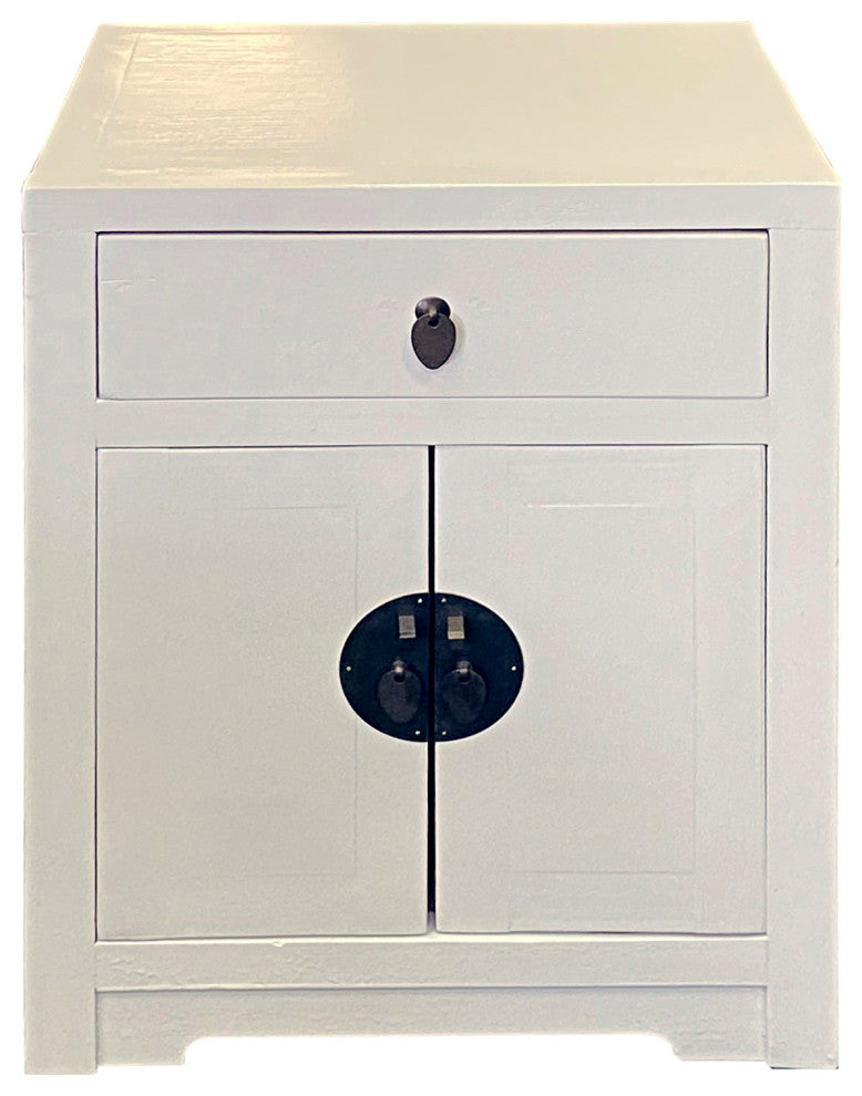 Distressed White Lacquer MoonFace End Table Nightstand Cabinet Hcs7039
