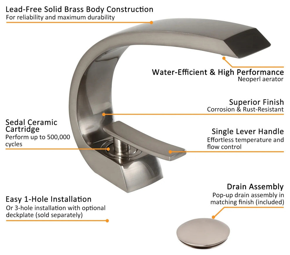 Single Hole 1-Handle Bathroom Sink Faucet Curved Spout with Pop Up Drain, Brushed Nickel