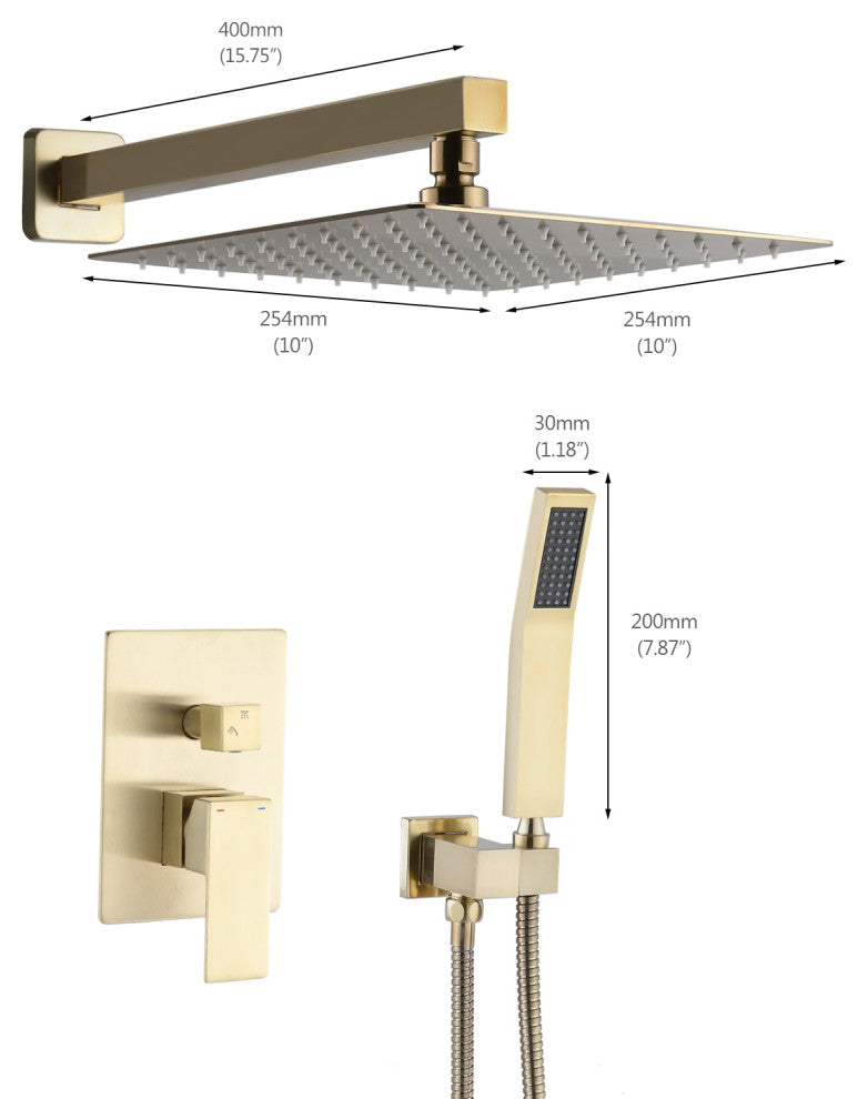 10"Wall Mounted Rainfall Shower System, Brushed Gold