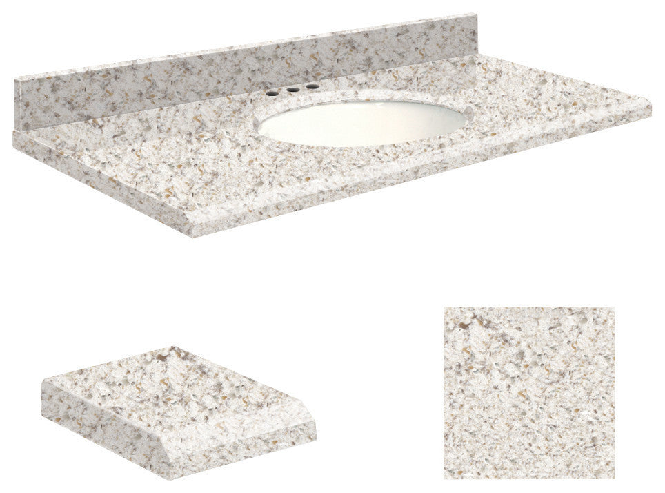 Quartz 25"x19" 1 Sink Vanity Top, White Bowl, Almond Delite, 8" Centerset