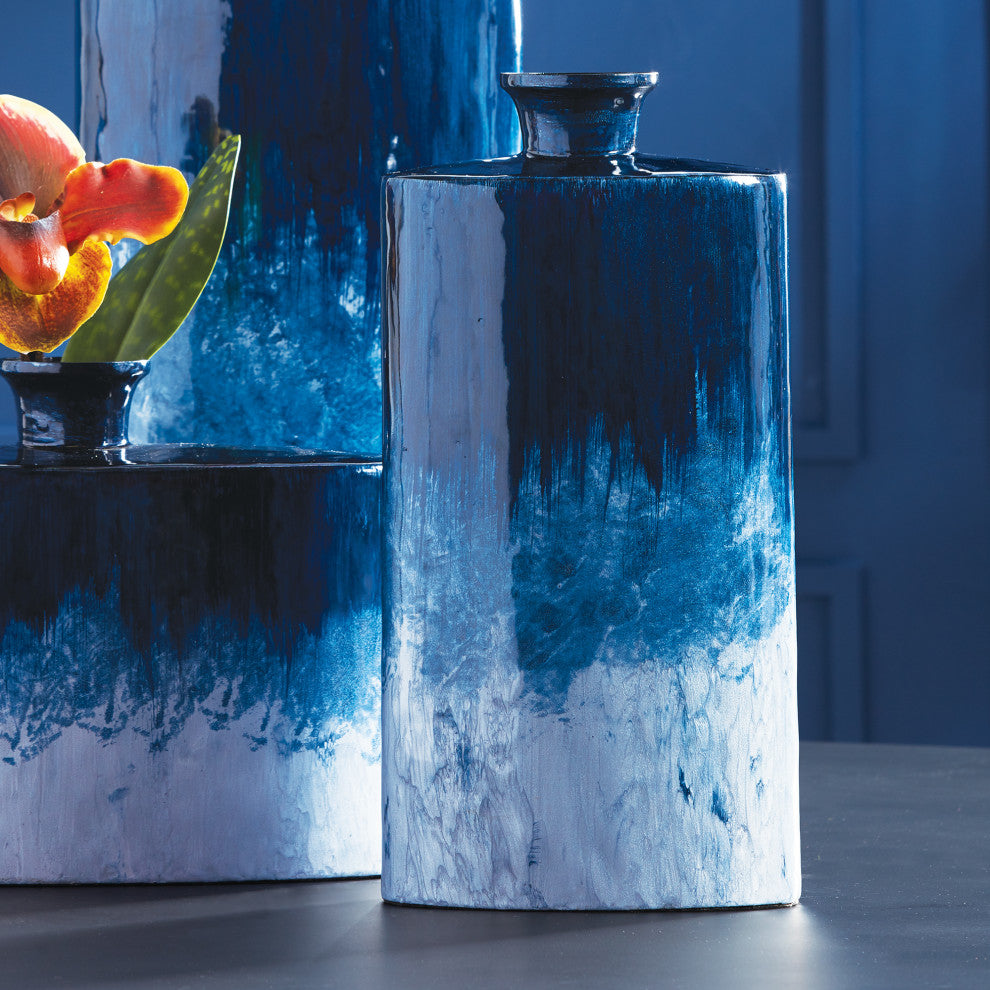 Enameled Modern Blue Iron Flat Flask Vase Ombre Bottle 15in Contemporary Coastal