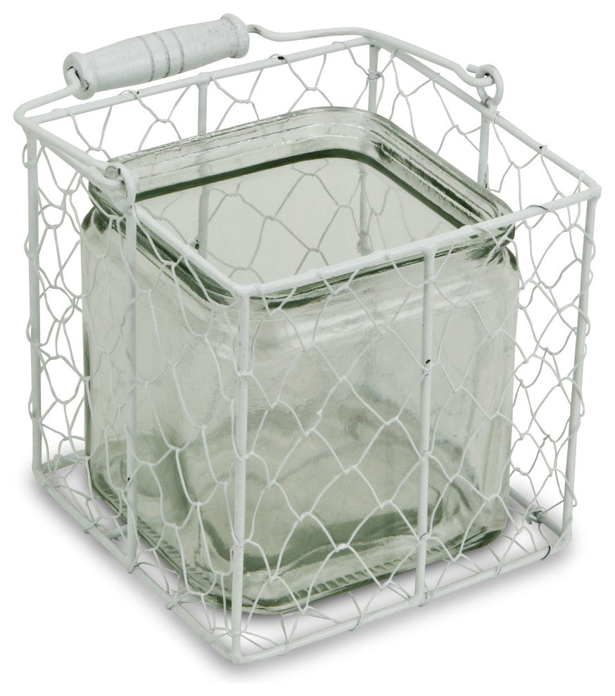 Laguna Wire Basket With Glass Jar, White, Large, Large