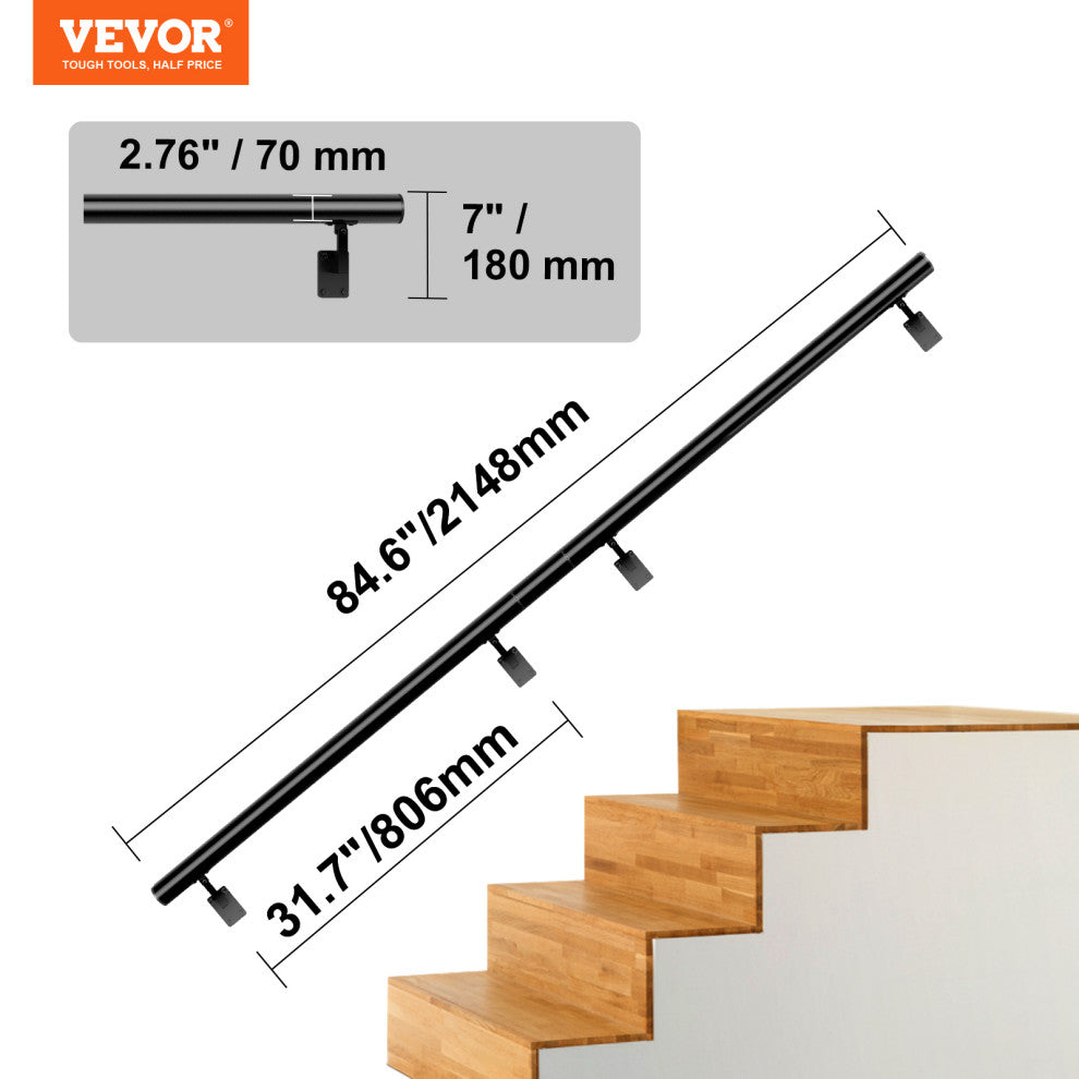 VEVOR 7 ft Wall-Mount Handrail Stair Railing Aluminum Alloy w/ Installation Kit