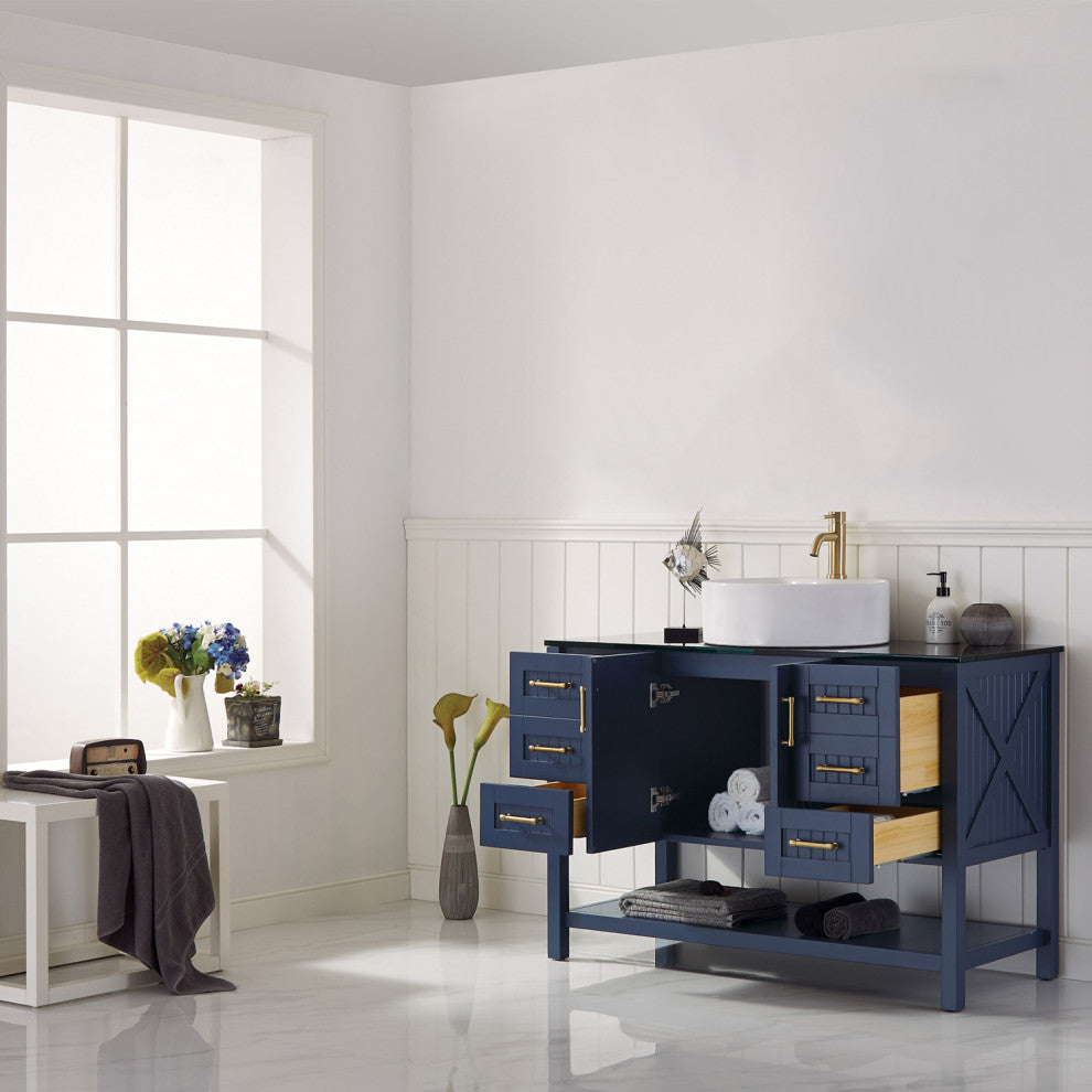 48"? Vanity in Royal Blue with Glass Countertop with White Vessel Sink No Mirror