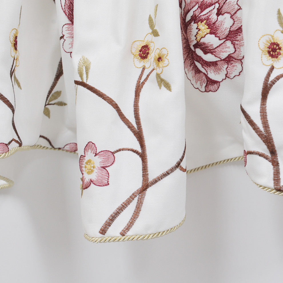 Spring Flower Embroidery Window Curtain Valance, Burgundy, 19" X 60"