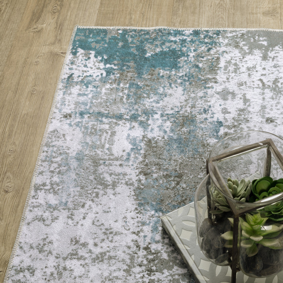 Michaela Machine Washable Marbled Grey/ Blue Indoor Area Rug, Grey, 2'x8'