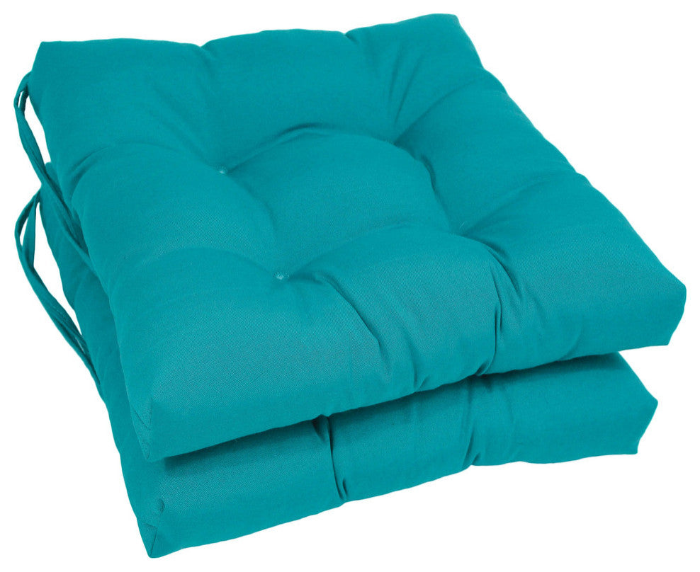 16" Solid Twill Square Tufted Chair Cushions, Set of 2, Aqua Blue